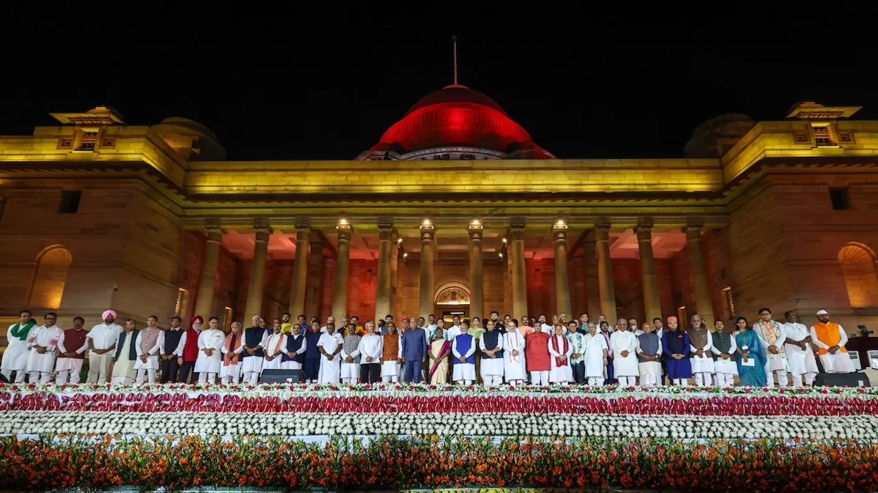 President Droupadi Murmu and Vice President Jagdeep Dhankhar with Prime Minister Narendra Modi and other ministers at the swearing-in ceremony of new Union government, at Rashtrapati Bhavan in New Delhi, Sunday, June 9, 2024. 