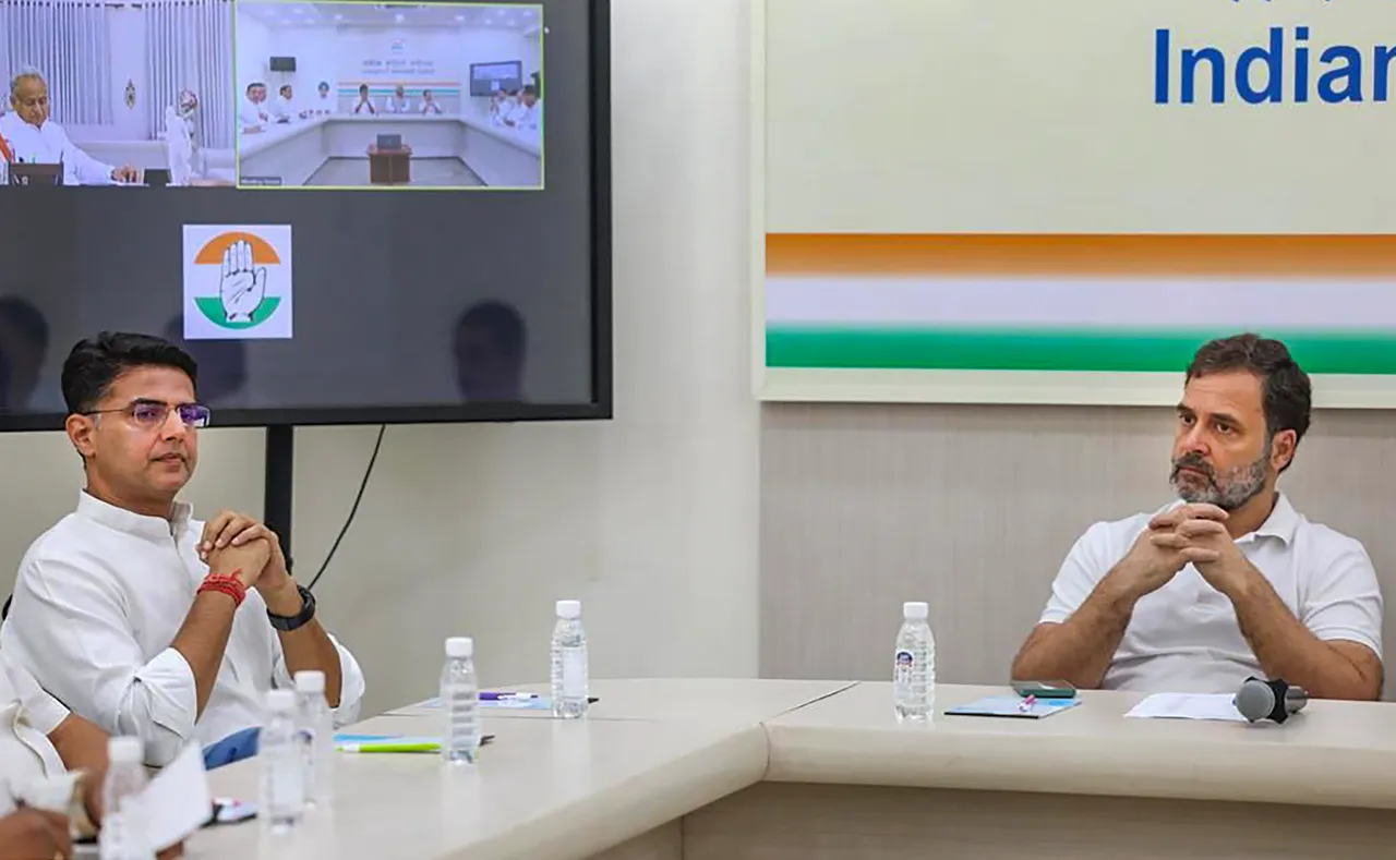 Congress party leaders Rahul Gandhi and Sachin Pilot during a meeting on Rajasthan, at AICC office in New Delhi