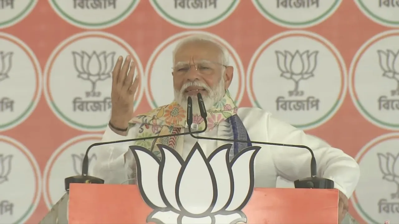 Prime Minister Narendra Modi addresses a public meeting for the Lok Sabha elections, in Paschim Bardhaman district