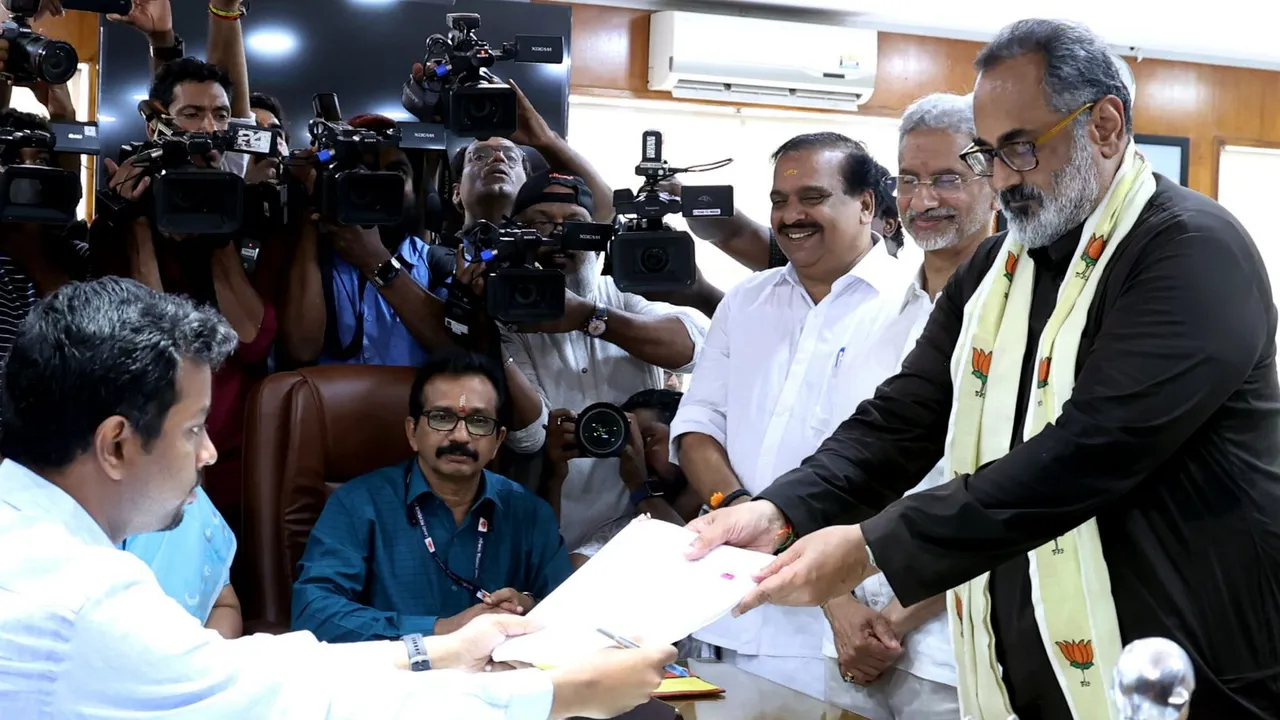 Union Minister and BJP candidate Rajeev Chandrasekhar files his nomination papers for the upcoming Lok Sabha elections in the presents of External Affairs Minister S. Jaishankar, in Thiruvananthapuram