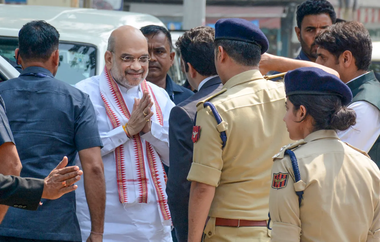 Union Home Minister Amit Shah arrives to lay the foundation stone of 'Balidan Stambh' at Pratap Park, Lal Chowk, in Srinagar