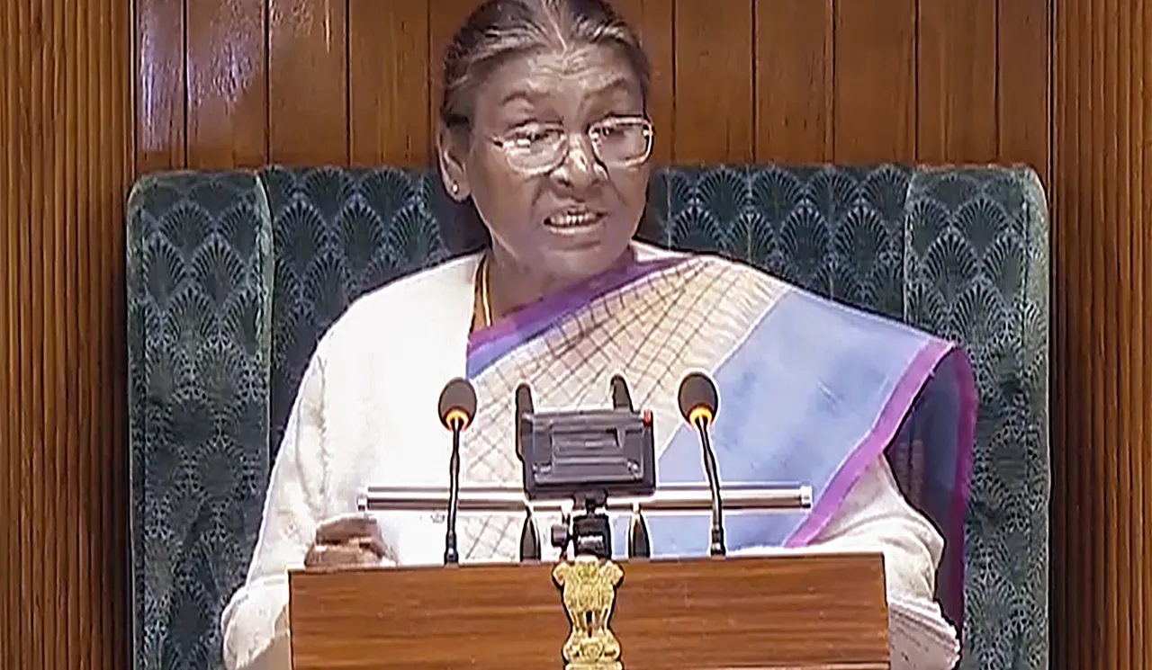 President Droupadi Murmu addresses the joint session of Parliament on the opening day of the Budget session, in New Delhi, Wednesday, Jan. 31, 2024