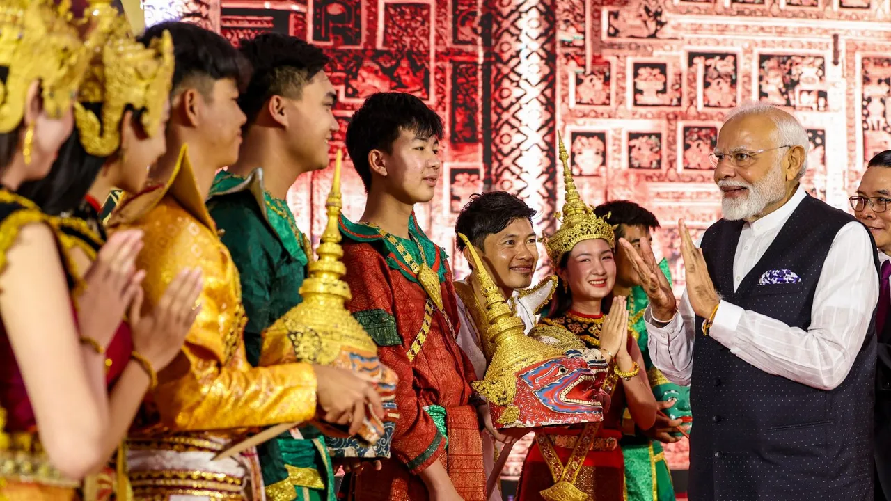 Prime Minister Narendra Modi meets performers of Ramayana at a ceremony, in Vientiane, Laos, Thursday, Oct. 10, 2024.