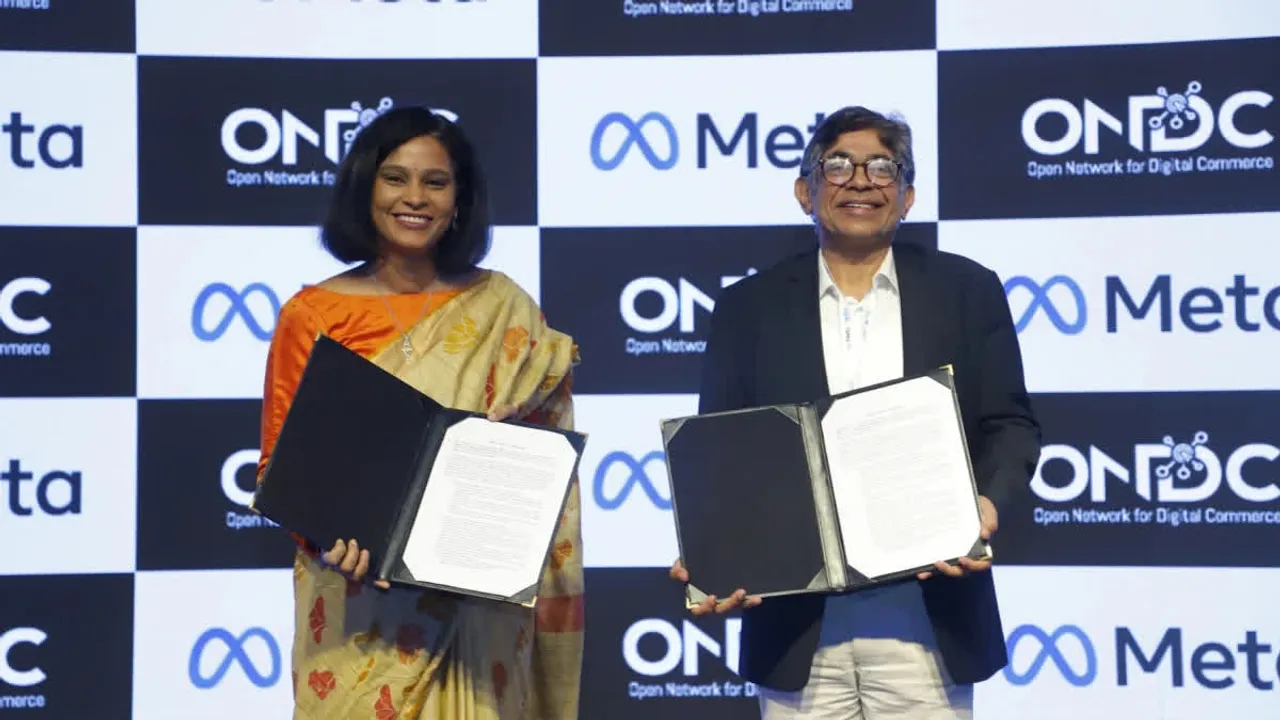 T Koshy, MD & CEO, ONDC and Meta India Vice President Sandhya Devanathan exchange signed documents of an MoU between Meta India & ONDC