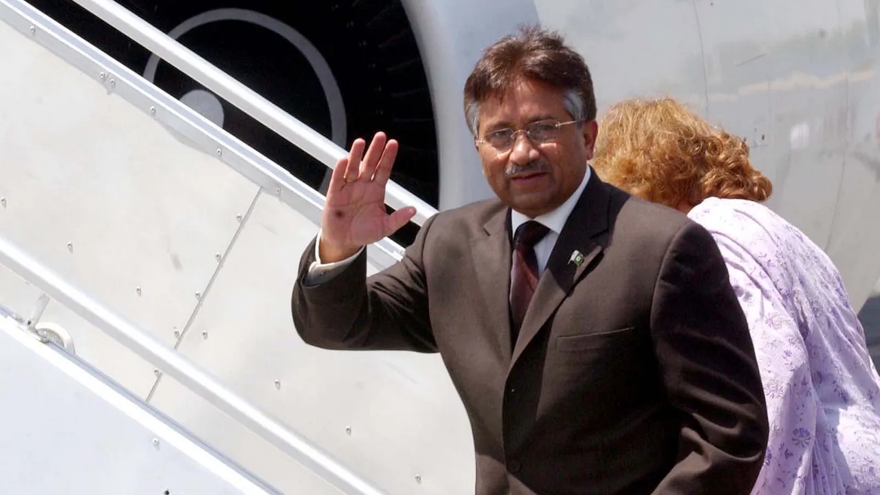 In this Monday, April 18, 2005 file photo, Pakistan's then President Pervez Musharraf at Delhi's Palam Air Force Station. Musharraf passed away on Sunday, Feb. 5, 2023, due to prolonged illness