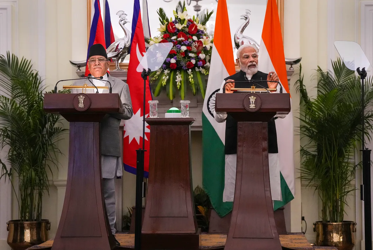 Prime Minister Narendra Modi and Prime Minister of Nepal Pushpa Kamal Dahal 'Prachanda during their joint press statement after a meeting at the Hyderabad House, in New Delhi
