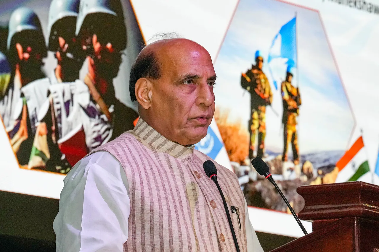 Defence Minister Rajnath Singh addresses the 75th anniversary event of ‘UN Peacekeepers Day’, in New Delhi