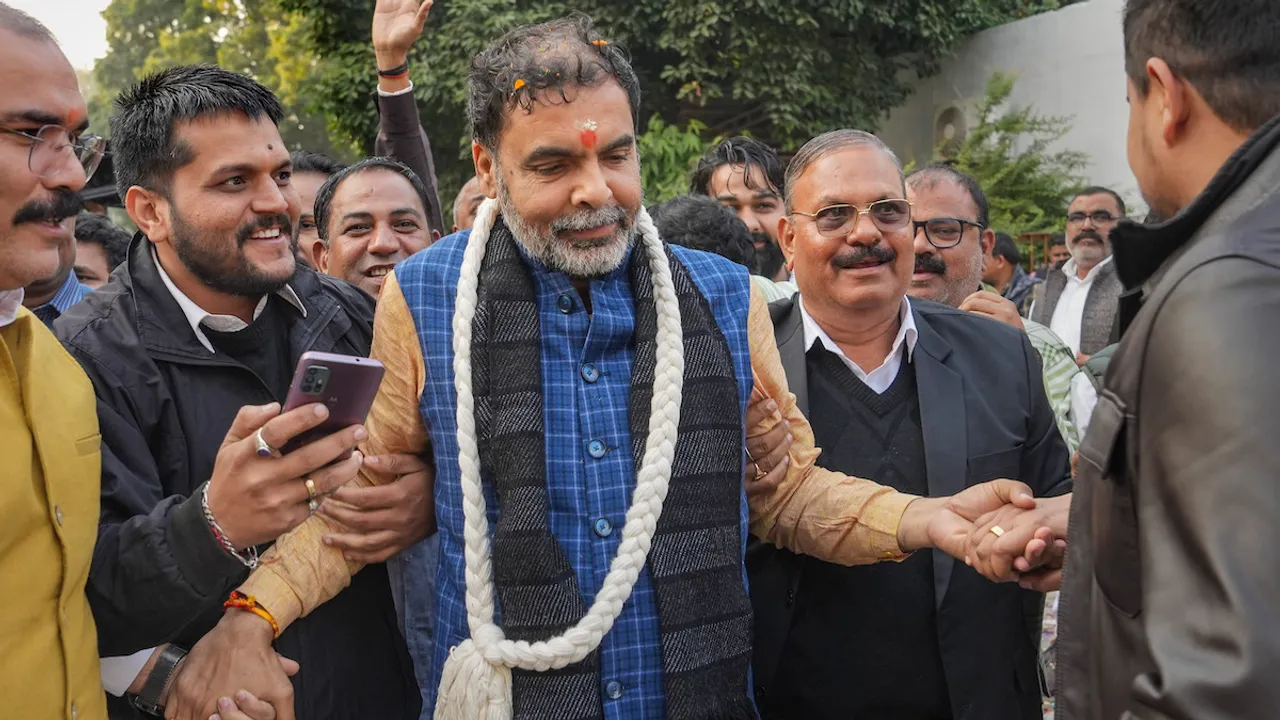 The newly-elected president of the Wrestling Federation of India (WFI) Sanjay Singh being congratulated by others, in New Delhi, Thursday, Dec. 21, 2023.