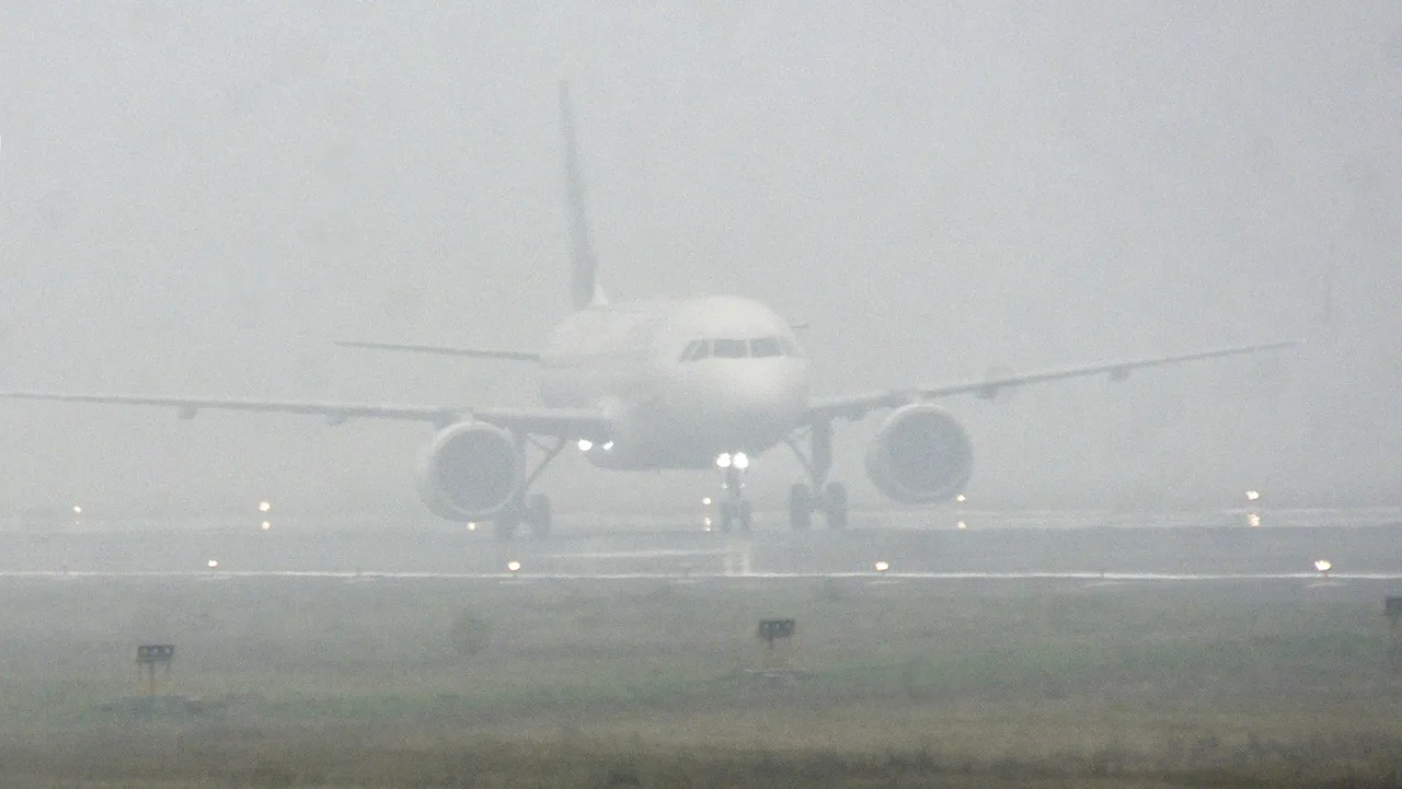 An aeroplane lands at Jai Prakash Narayan airport amid dense fog, in Patna