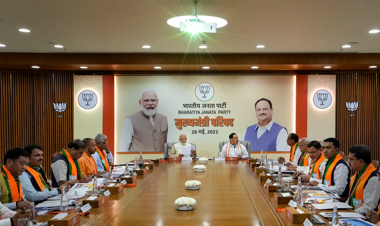 Prime Minister Narendra Modi with BJP National President J.P. Nadda and others dignitaries during 'Mukhyamantri Parishad' meeting, at BJP headquarters in New Delhi