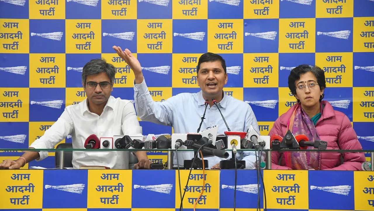 Aam Aadmi Party leaders Sandeep Pathak, Atishi and Saurabh Bharadwaj address a press conference at AAP Headquarters in Delhi on February 23, 2024.