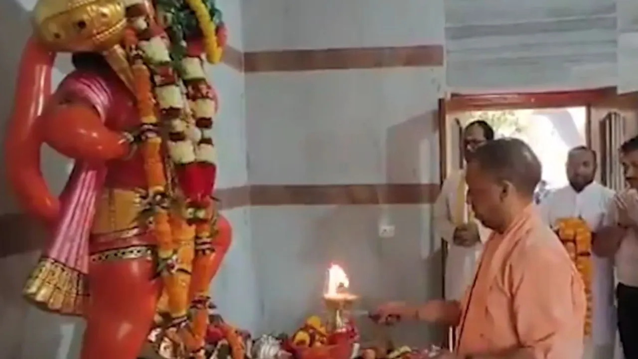 Uttar Pradesh Chief Minister Yogi Adityanath performs the aarti of Lord Hanuman at the Gorakhnath Temple on the occasion of Hanuman Jayanti.