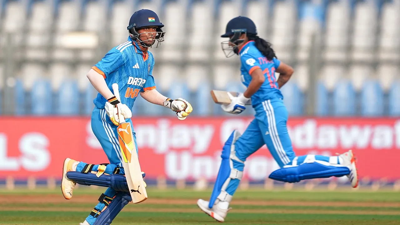Indian batter Pooja Vastrakar runs between the wickets during the first ODI cricket match between India and Australia