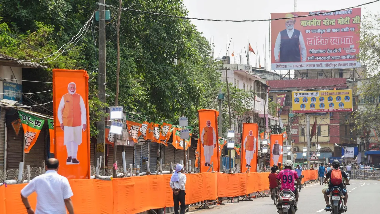 Hoardings of Prime Minister Narendra Modi installed ahead of his roadshow, in Patna, Sunday, May 12, 2024