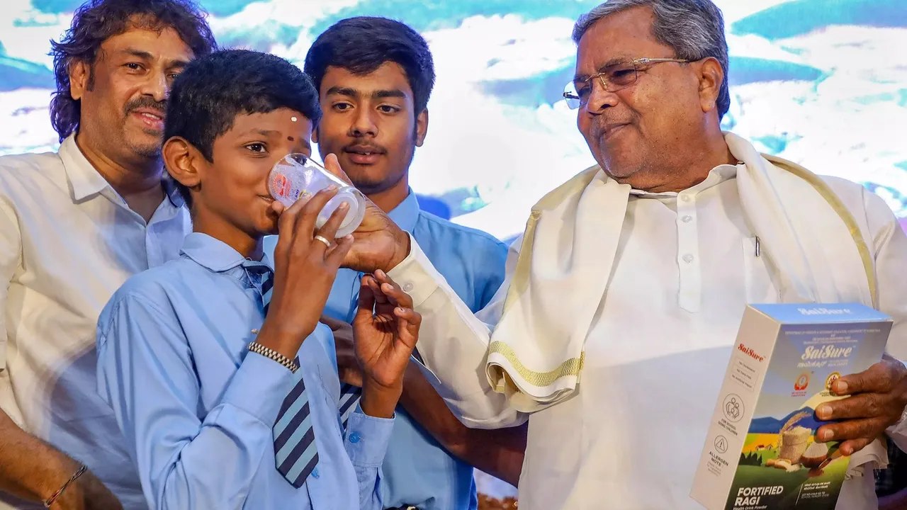 Karnataka Chief Minister Siddaramaiah launches the 'Ragi Malt' drink for government schools under the Ksheera Bhagya Scheme, in Bengaluru 