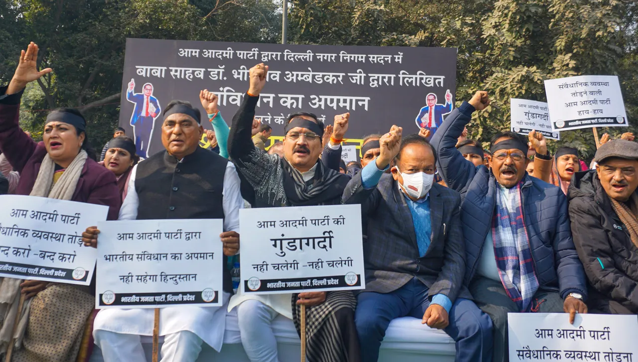 BJP stage sit-in at Mahatma Gandhi memorial against MCD House ruckus