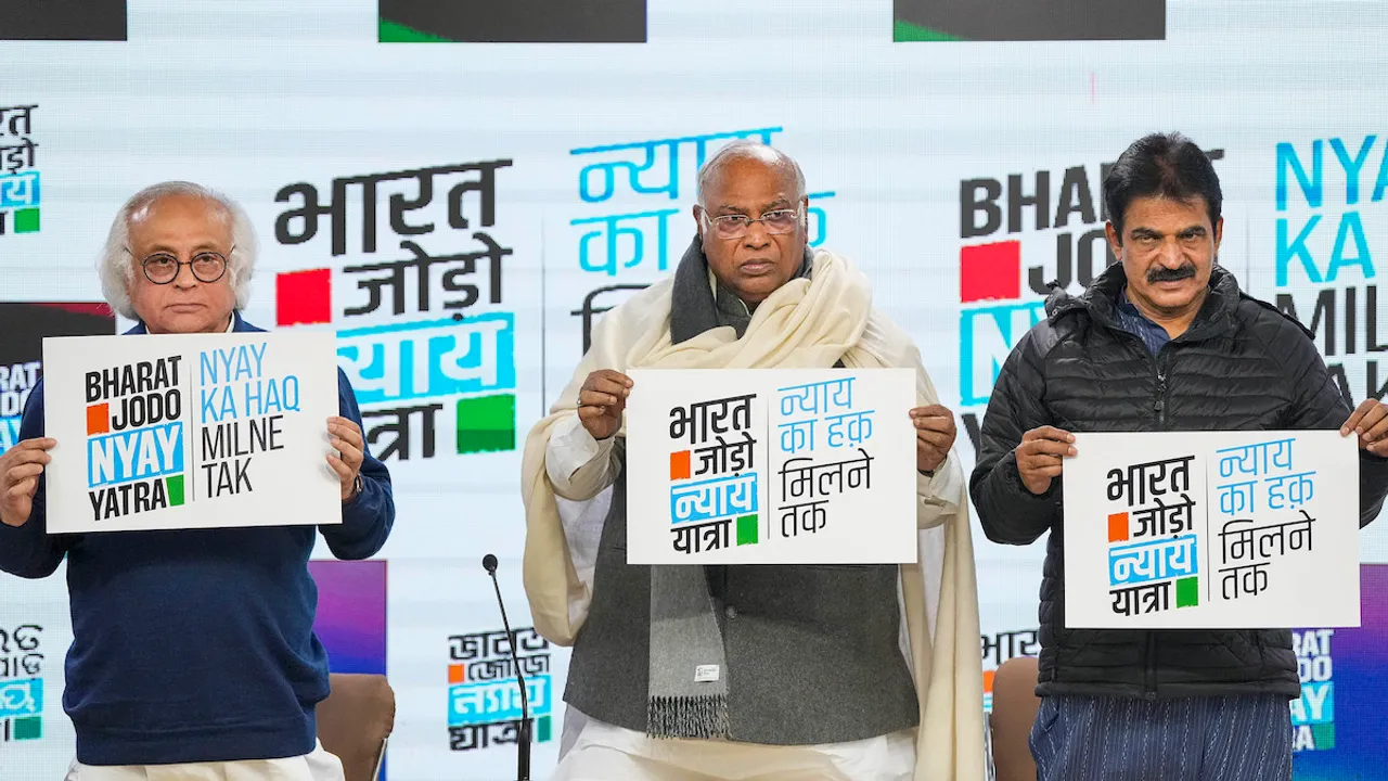 Mallikarjun Kharge with the party leaders Jairam Ramesh and KC Venugopal during the launch of logo and anthem for the Bharat Jodo Nyay Yatra, in New Delhi, Saturday, Jan. 6, 2024. 