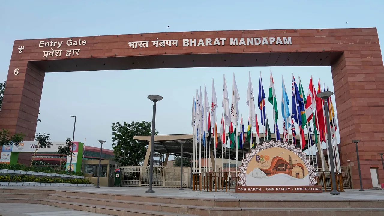 Entry Gate of Bharat Mandapam is seen ahead of the G20 summit, in New Delhi
