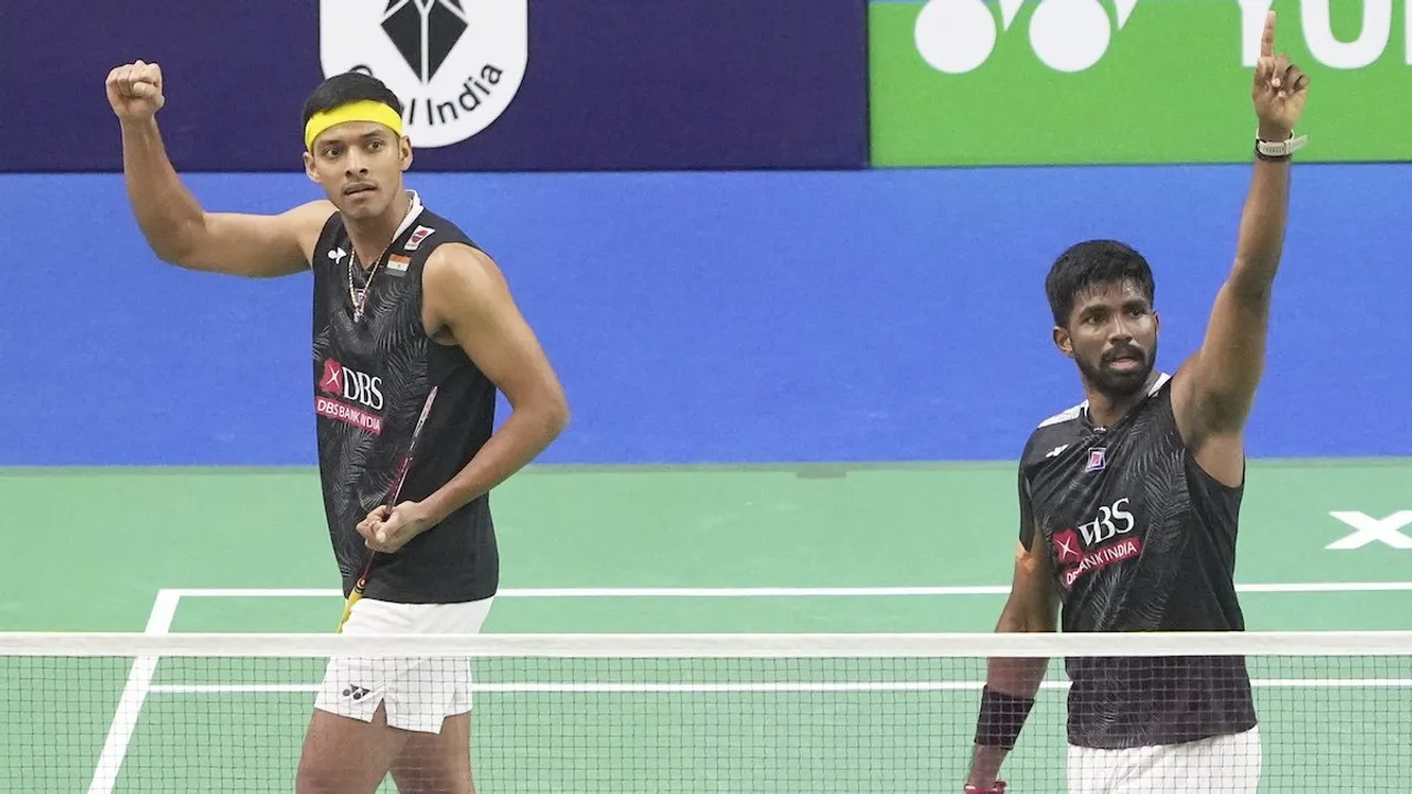 Chirag Shetty and Satwiksairaj Rankireddy celebrate after winning the men's doubles badminton quarter-final match over Denmark's Kim Astrup and Anders Skaarup Rasmussen, at the India Open 2024 in New Delhi, Friday, Jan. 19, 2024.