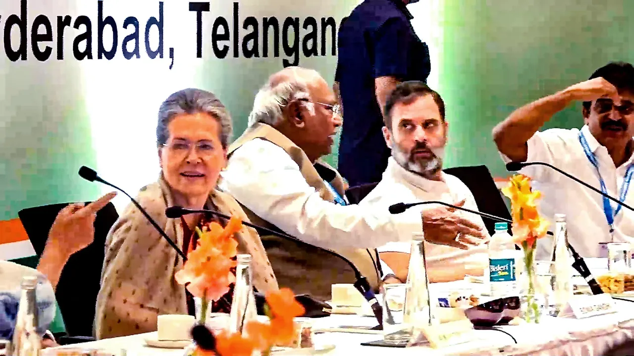 Congress President Mallikarjun Kharge with party leaders Sonia Gandhi, Rahul Gandhi and K.C. Venugopal during the second day of Congress Working Committee (CWC) meeting, in Hyderabad