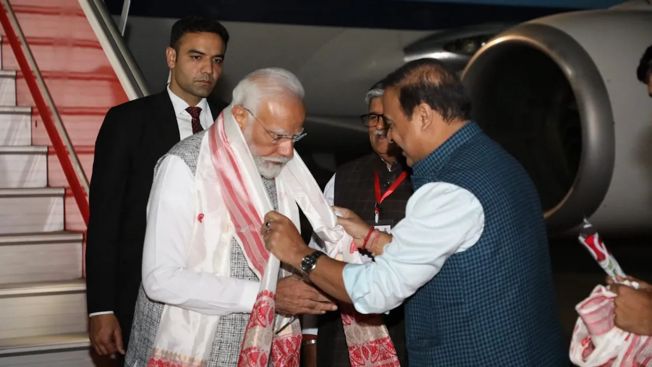 Narendra Modi being received by Assam Chief Minister Himanta Biswa Sarma on his arrival, at the LGBI Airport in Guwahati, Saturday, Feb. 3, 2024.