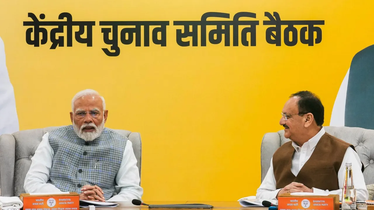 Prime Minister Narendra Modi and BJP President JP Nadda during the party's CEC meeting ahead of assembly elections, at party HQ in New Delhi, Thursday, Aug. 29, 2024.