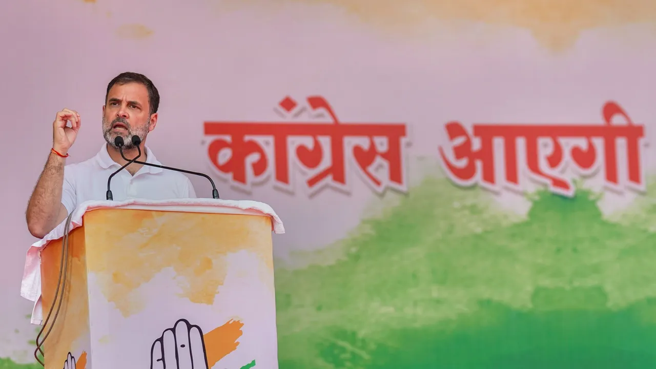 Congress leader Rahul Gandhi addresses a public meeting at BTI Ground, in Satna district