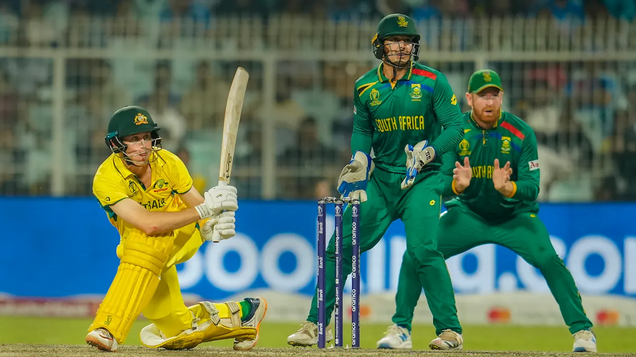 Australia's Marnus Labuschagne plays a shot during the ICC Men's Cricket World Cup 2023 second semi-final match between South Africa and Australia, at the Eden Gardens, in Kolkata, Thursday, Nov. 16, 2023.