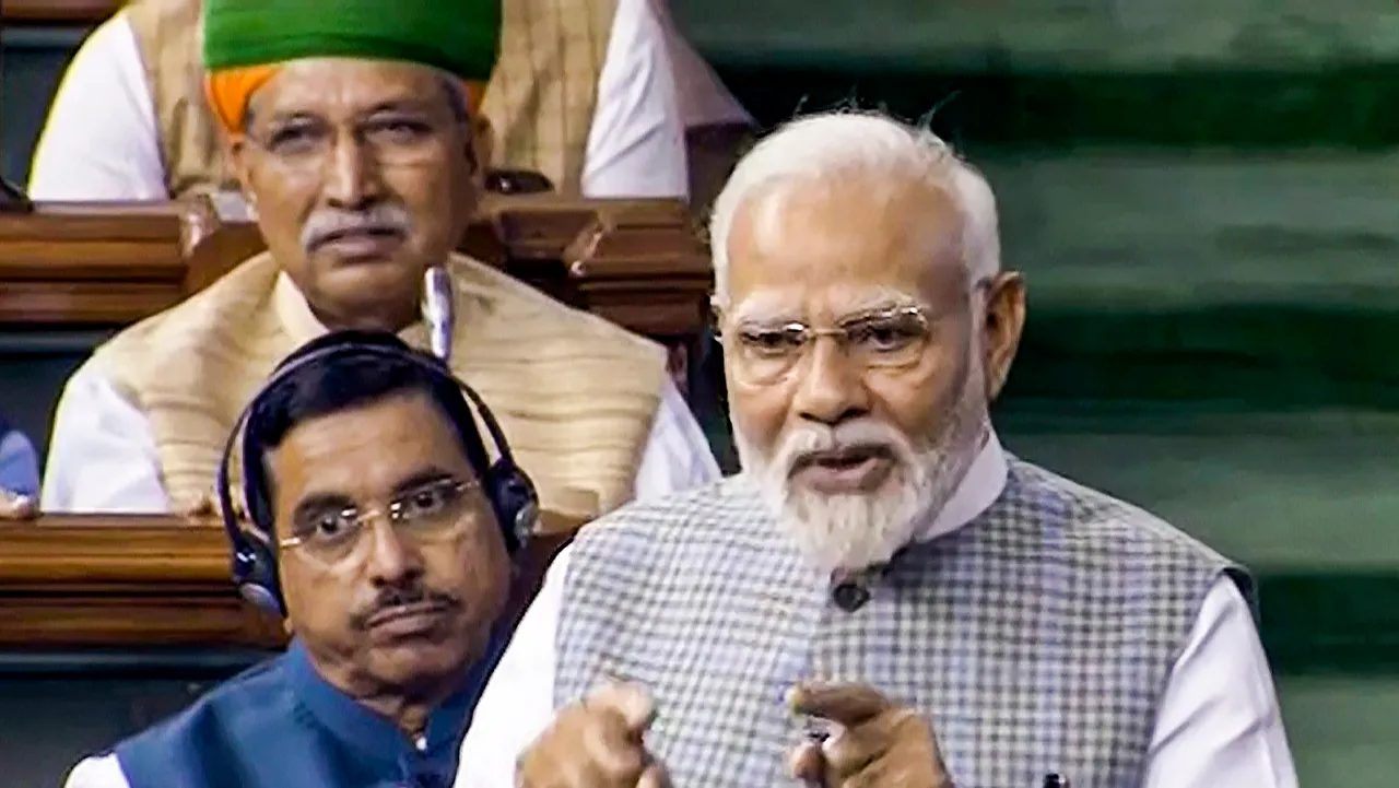 Prime Minister Narendra Modi speaks in the Lok Sabha during a special session of Parliament