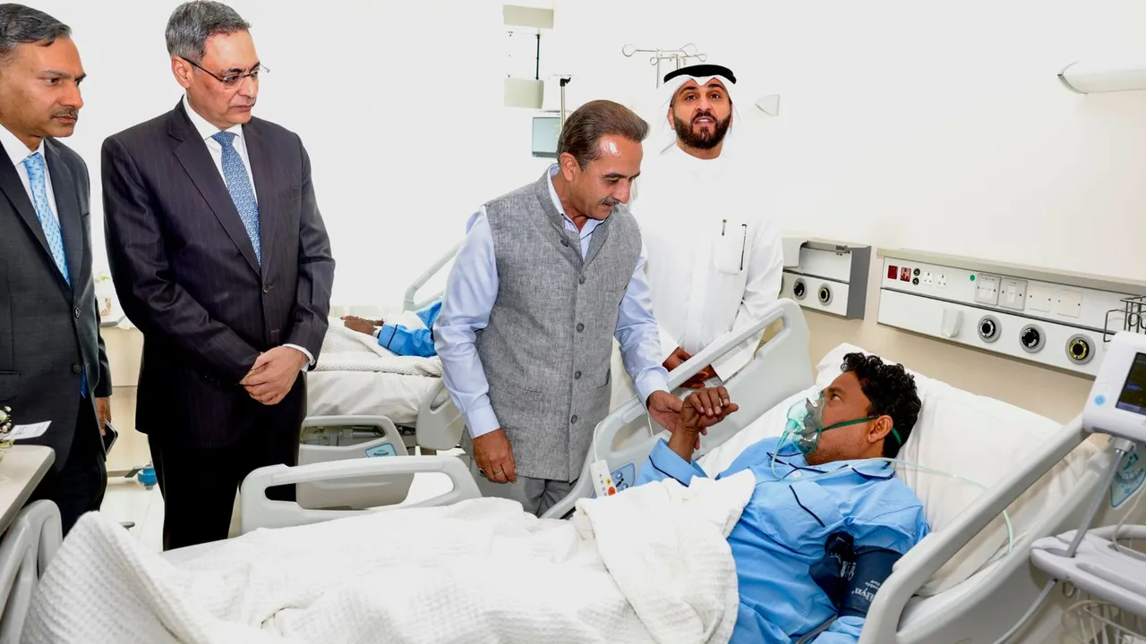 MoS for External Affairs Kirti Vardhan Singh meets Indians injured in a fire incident at the Jaber hospital, in Kuwait, Thursday, June 13, 2024.