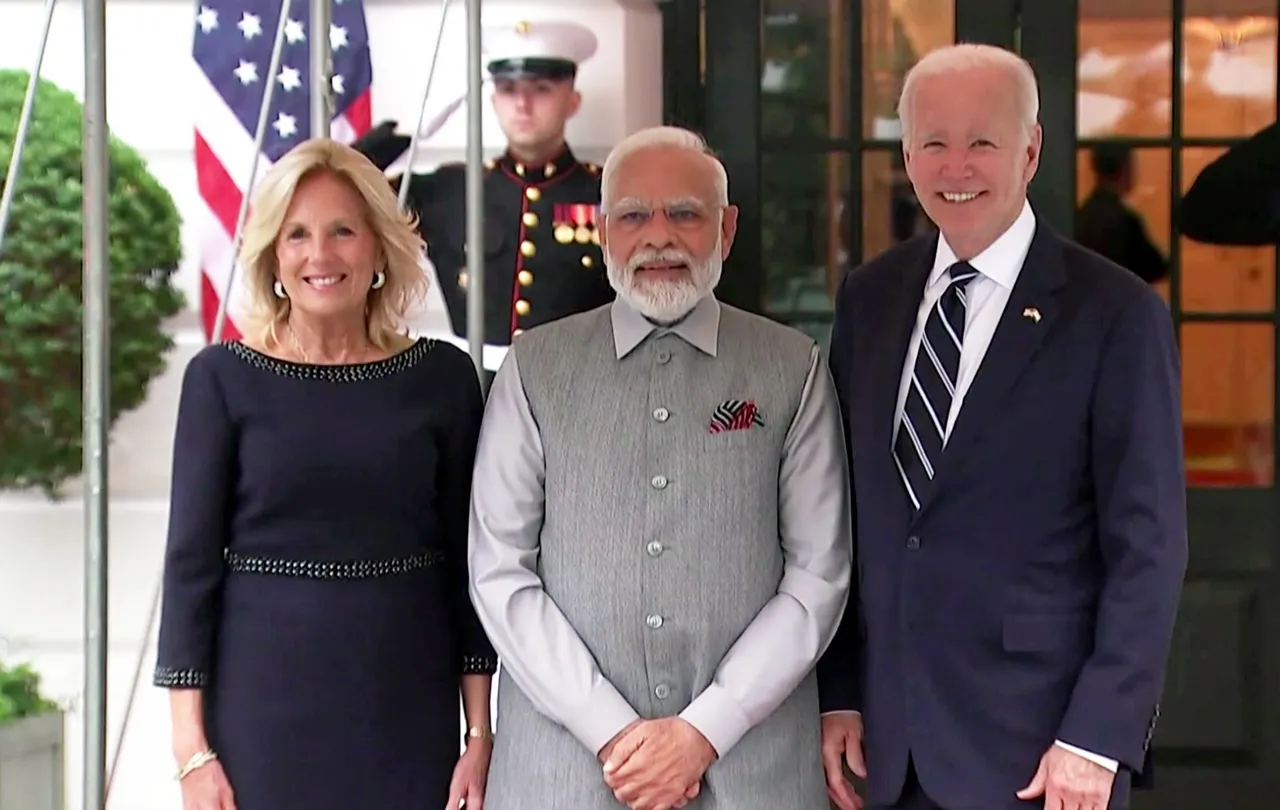 Prime Minister Narendra Modi being welcomed by US President Joe Biden and first lady Jill Biden upon his arrival for a private dinner at the White House