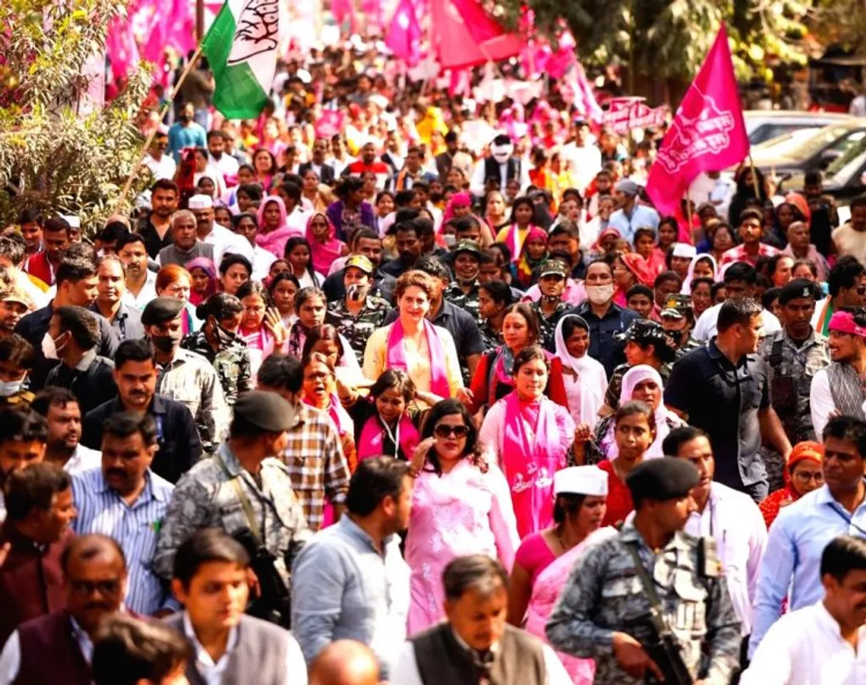 Priyanka Gandhi leading a road show in Lucknow on Tuesday (March 8)