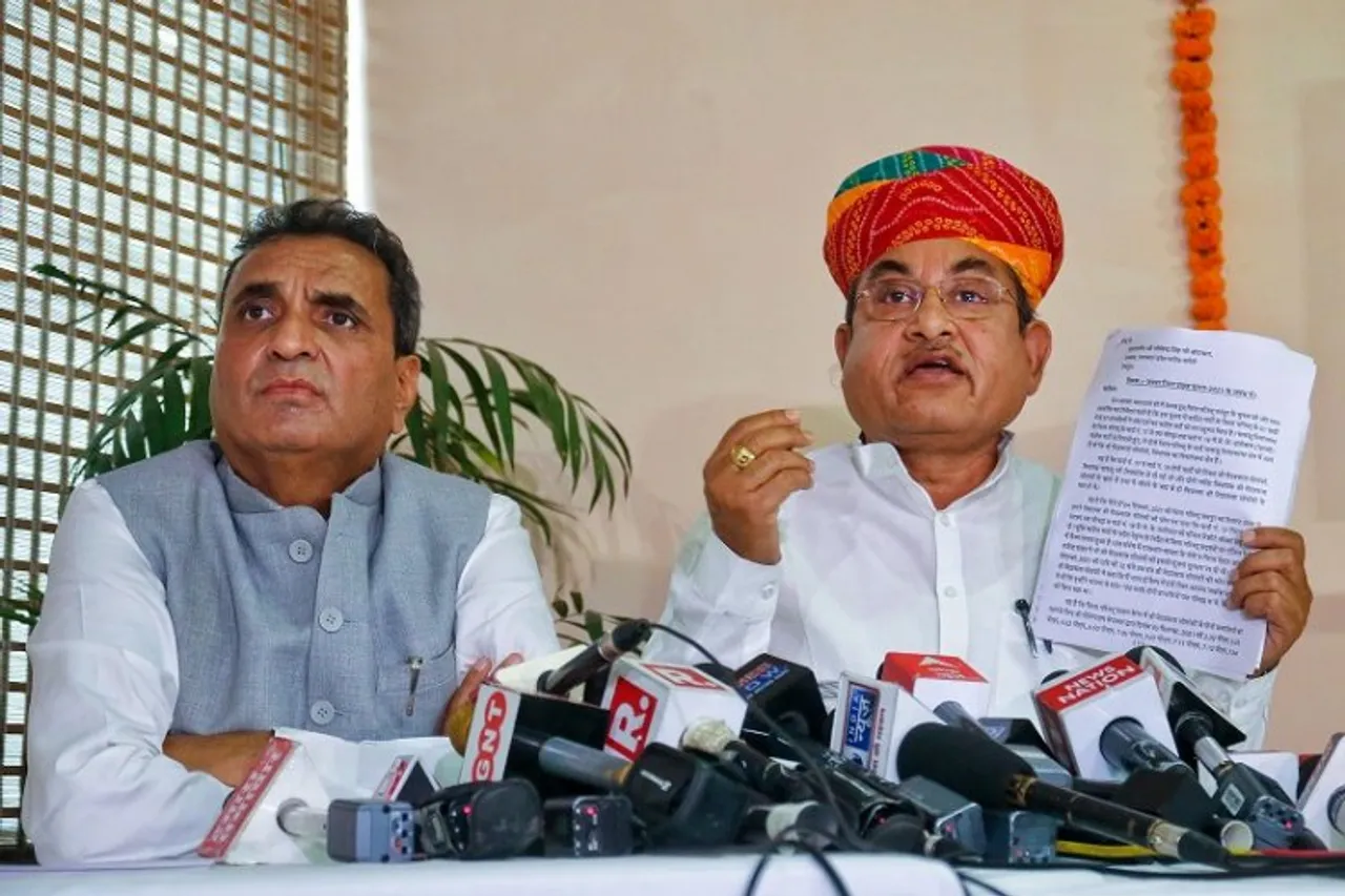 Congress leader and RTDC Chairman Dharmendra Rathore and Rajasthan Minister of Disaster Management and Congress MLA Govind Ram Meghwal address a press conference, in Jaipur