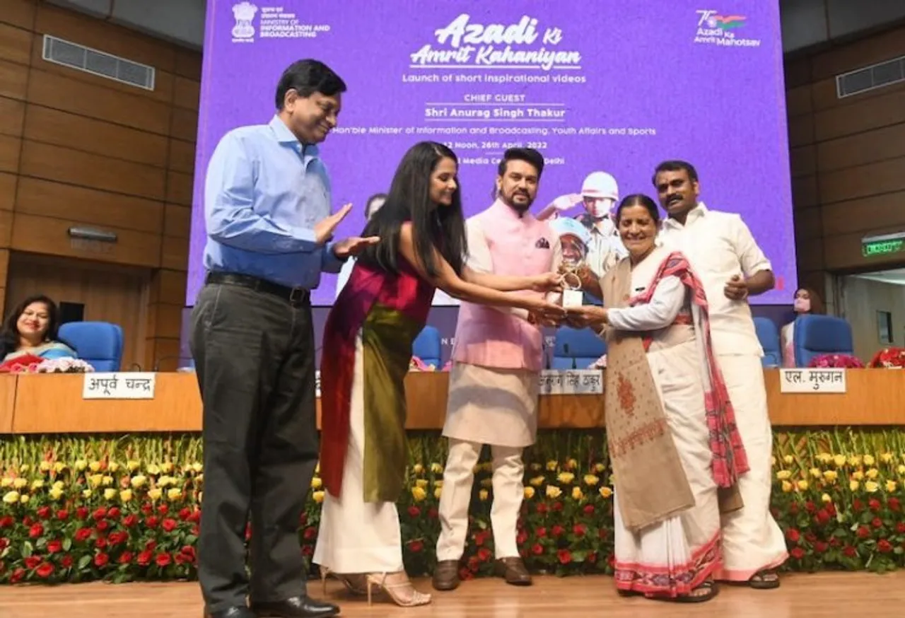 (L-R) I&B Secretary Apurva Chandra,  Netflix's Head of Global TV Bela Bajaria, I&B Minister Anurag Thakur, Padma-award winning environmentalist Basanti Devi and Minister of State L Murugan