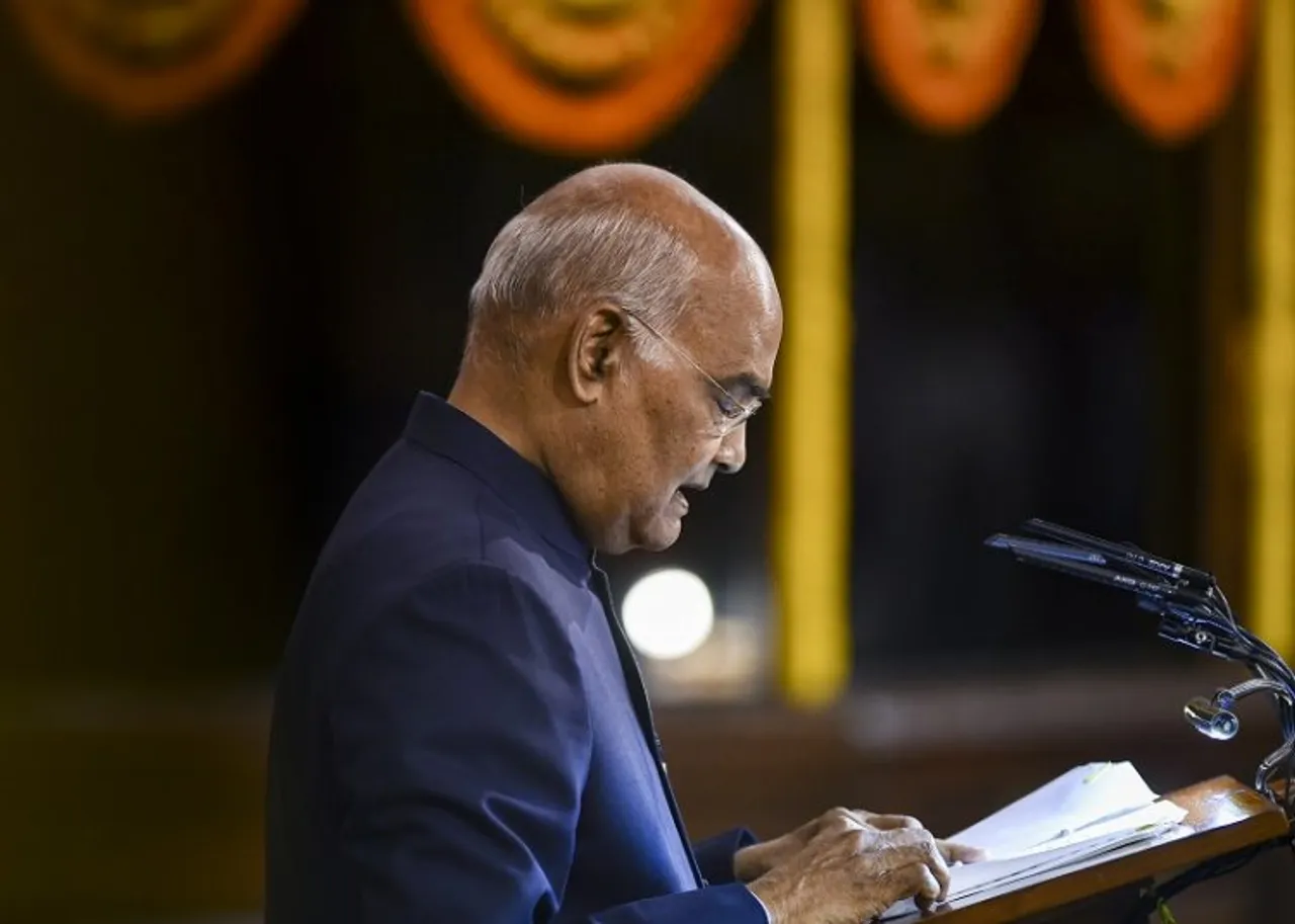 Outgoing President Ram Nath Kovind delivers his farewell address during a function at Parliament House in New Delhi
