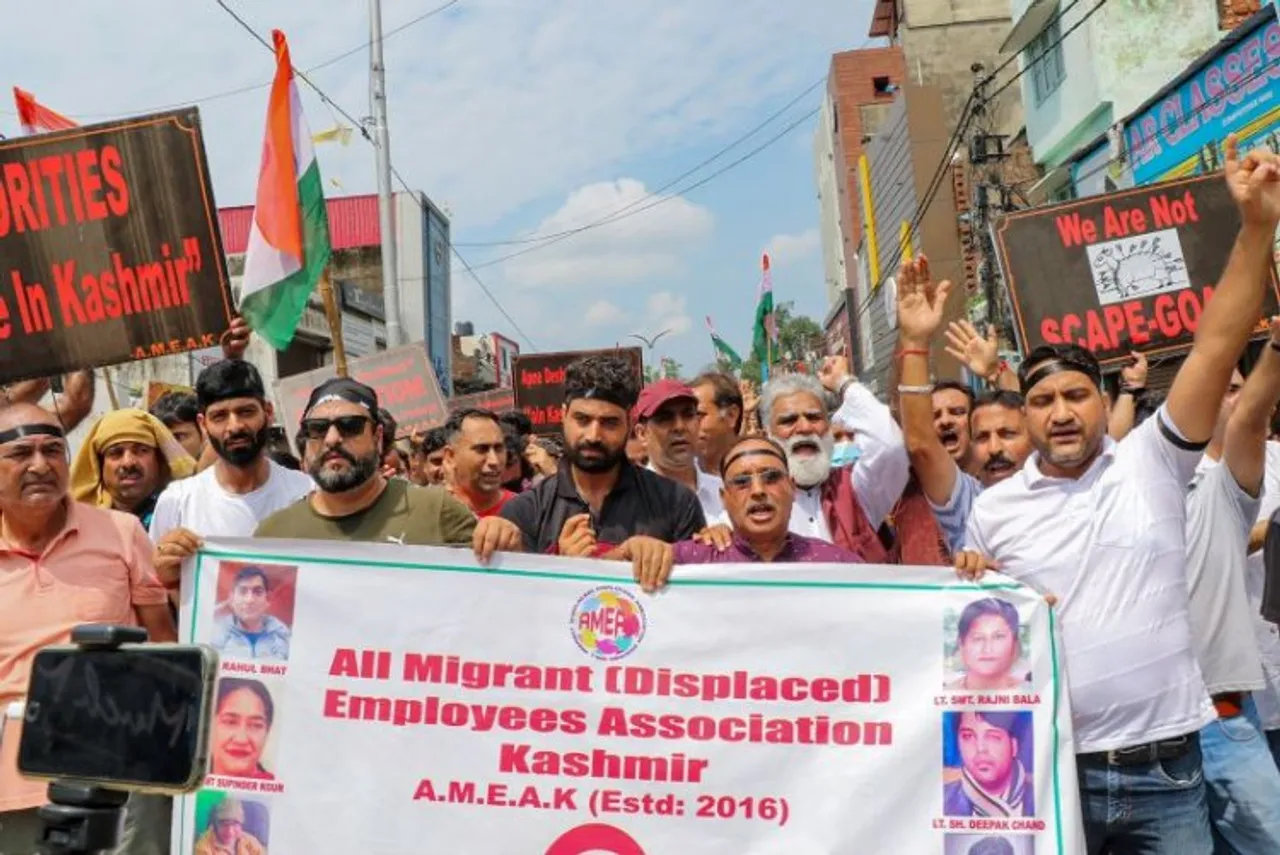 Kashmiri Pandits protesting against targeted killing in the valley