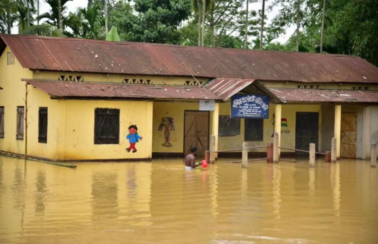 An image of a flooded school in Assam