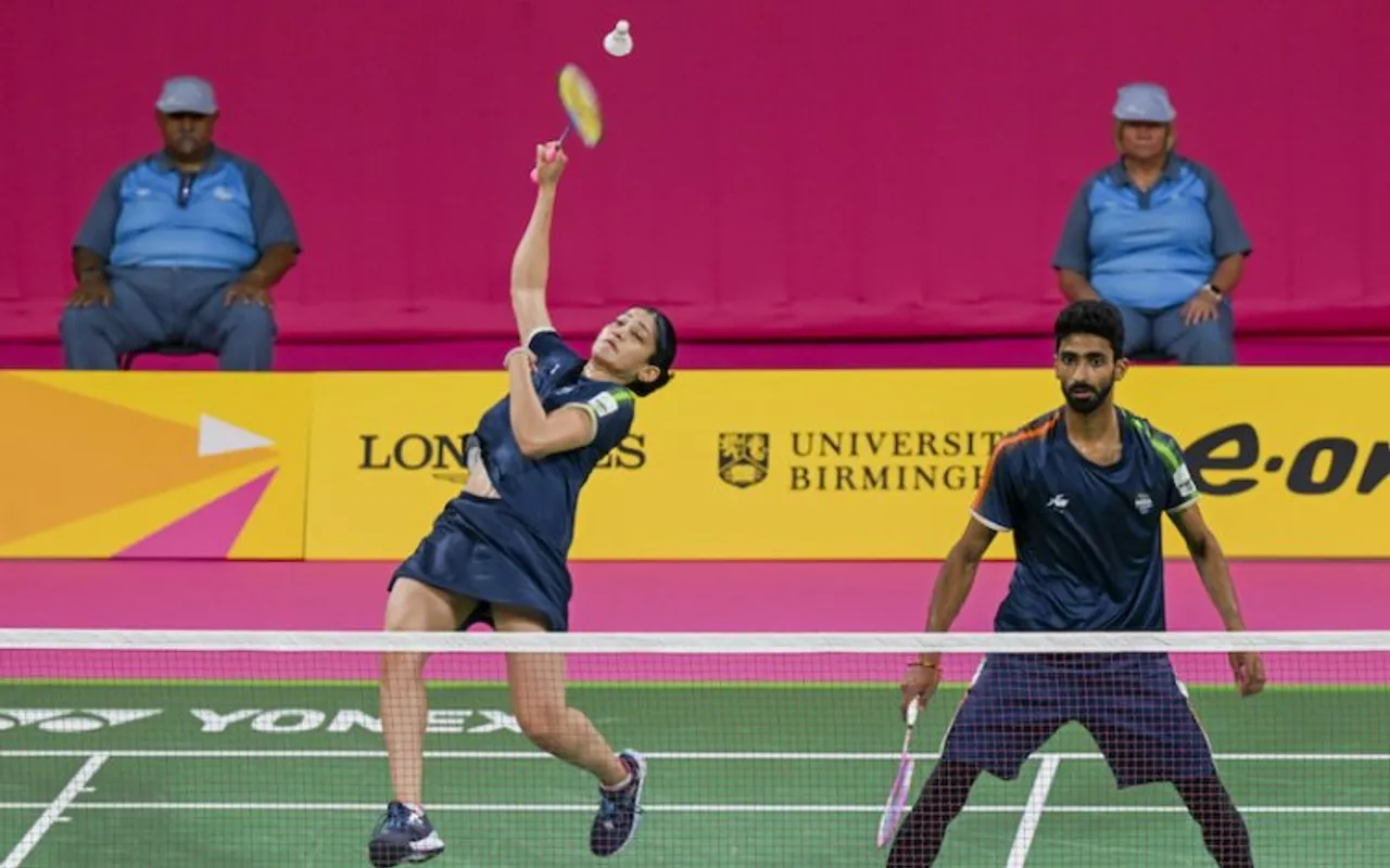 Ashwini Ponappa and B Sumeeth Reddy of India in action against Elliott and Jordaan of South Africa during the quarter final of the badminton mixed team event during the Commonwealth Games (CWG) 2022, in Birmingham,UK, on Sunday