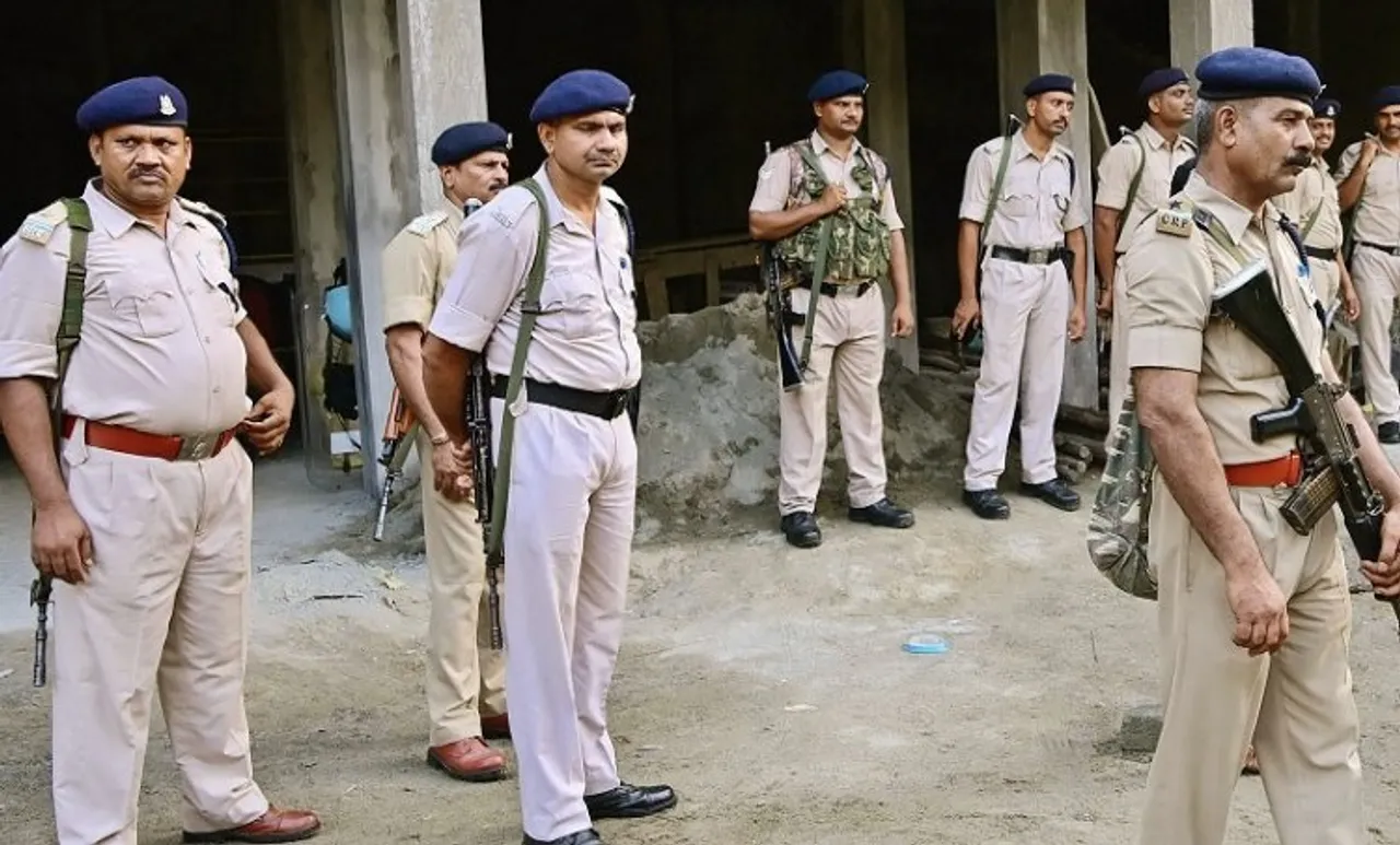 Police personnel during a raid of National Investigation Agency (NIA) at the residence of a Social Democratic Party of India (SDPI) leader, in Pathanamthitta