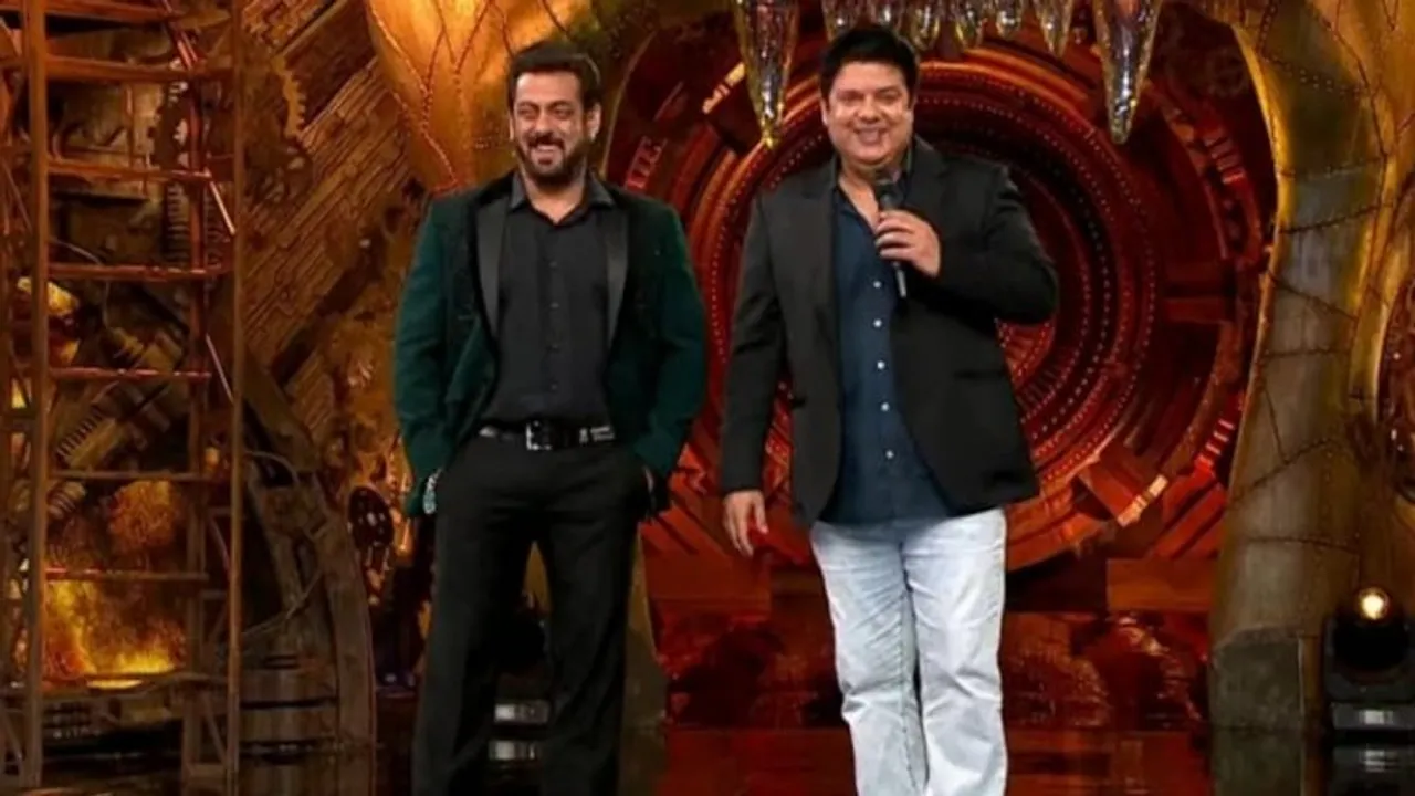 Sajid Khan with host Salman Khan on Bigg Boss set