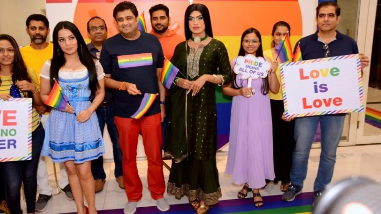 Mr Anup Rau, MD & CEO, Future Generali India Insurance, Celina Jaitley, Indian Actress and UN Equality Champion; and Sushant Divgikar, Indian model during LGBTQIA+ celebration. The insurance company is extending healthy policy to cover the LGBTQIA+ community and live-in partners.