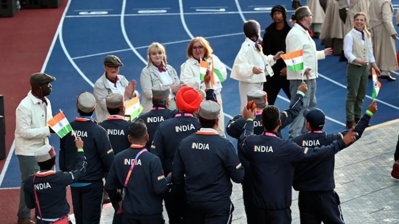 Indian athletes with coaches arrive during the closing ceremony of the Commonwealth Games 2022 (CWG), at Alexander Stadium in Birmingham