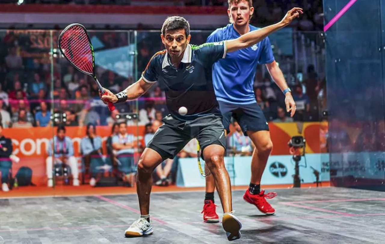 Indian squash player Saurav Ghosal in action