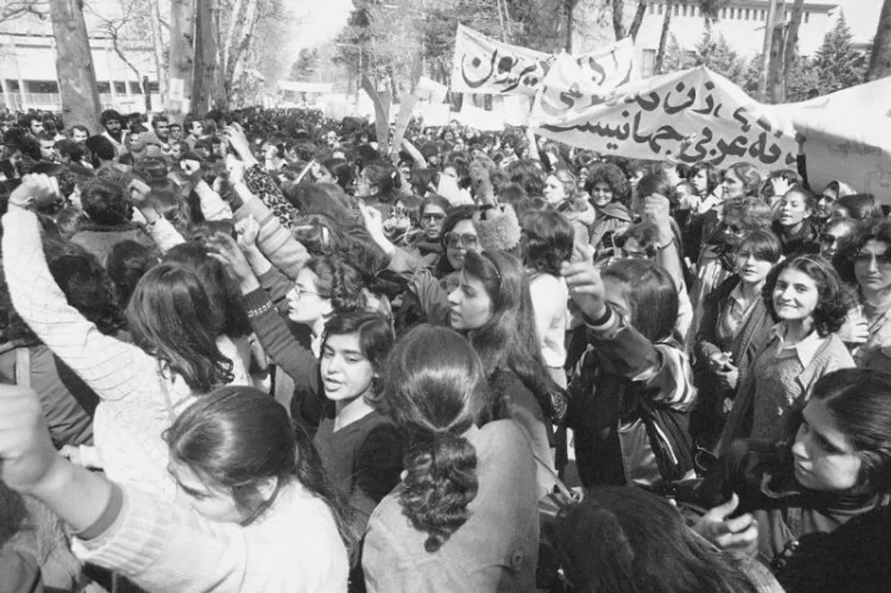  Iranian women demonstrate for equal rights, March 12, 1979. Iran's Islamic Republic requires women to cover up in public. But many Iranian women have long played a game of cat-and-mouse with authorities as a younger generation wears their veils more loosely or skirts requirements for conservative dress