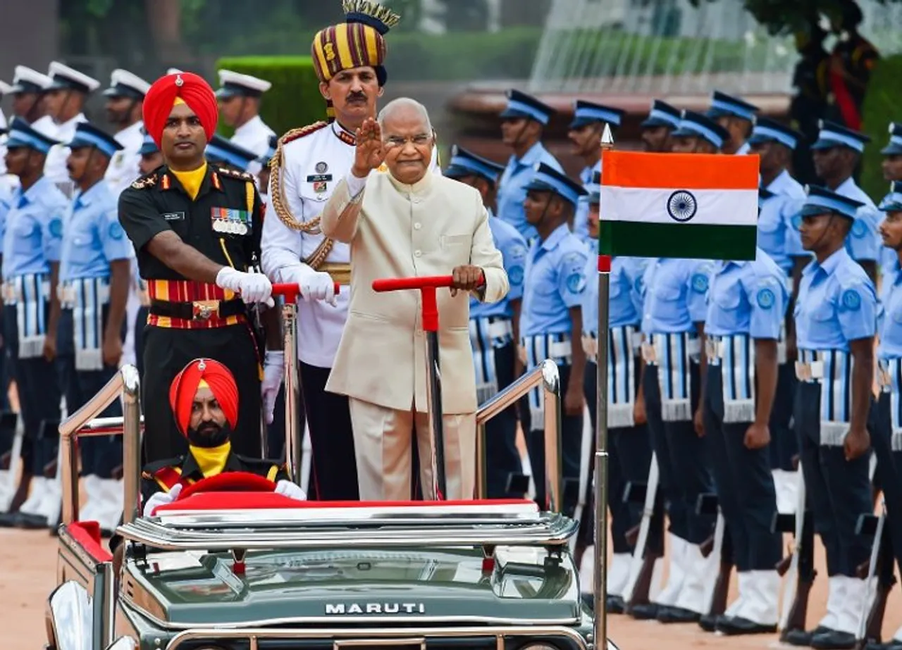 Outgoing President Ram Nath Kovind during presentation of a Guard of Honour by the Tri-services personnel at the forecourt of Rashtrapati Bhavan, in New Delhi