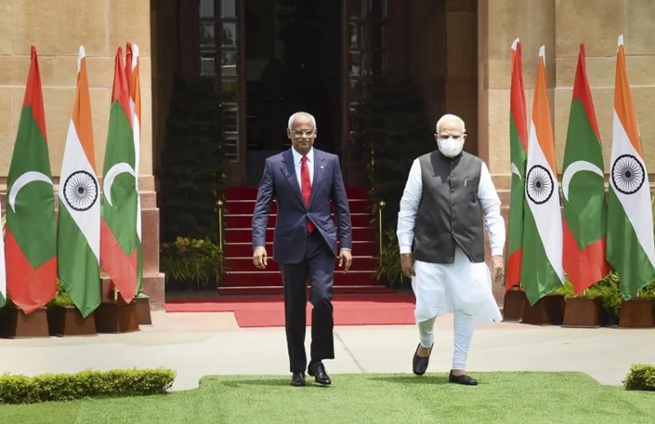 Prime Minister Narendra Modi with Maldives President Ibrahim Mohamed Solih prior to their meeting, at Hyderabad House in New Delhi