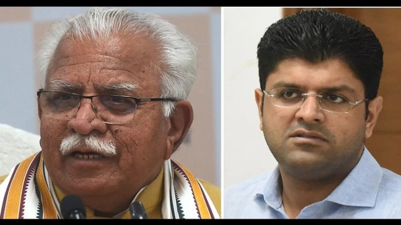 (Left) Haryana hief Minister Manohar Lal Khattar of BJP; (Right) Deputy Chief Minister of  Haryana Dushyant Chautala of JJP