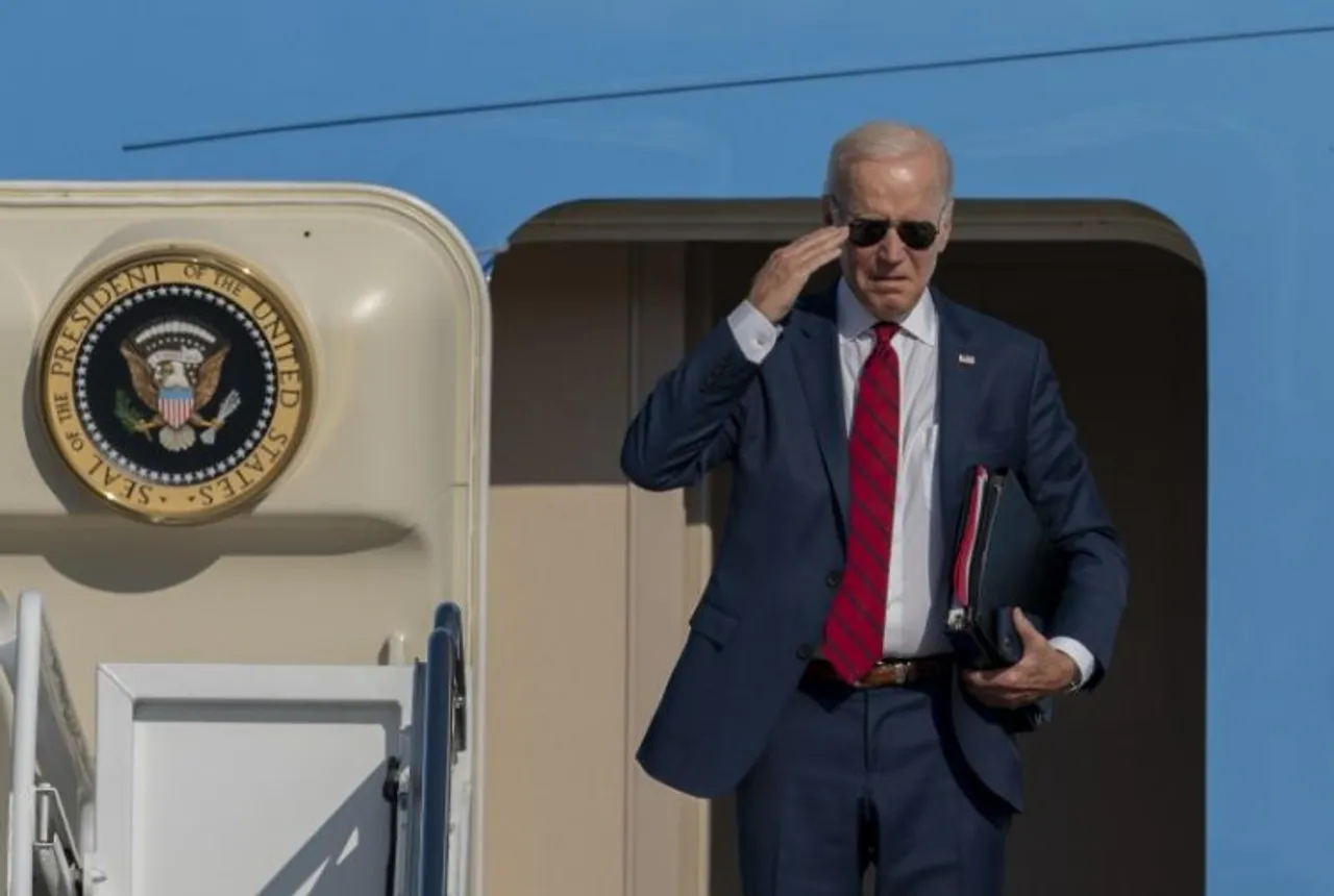 US President, Joe Biden returns a salute before boarding Air Force One at  Andrews Air Force Base, Md, en route a trip to New York to attend the United Nations General Assembly