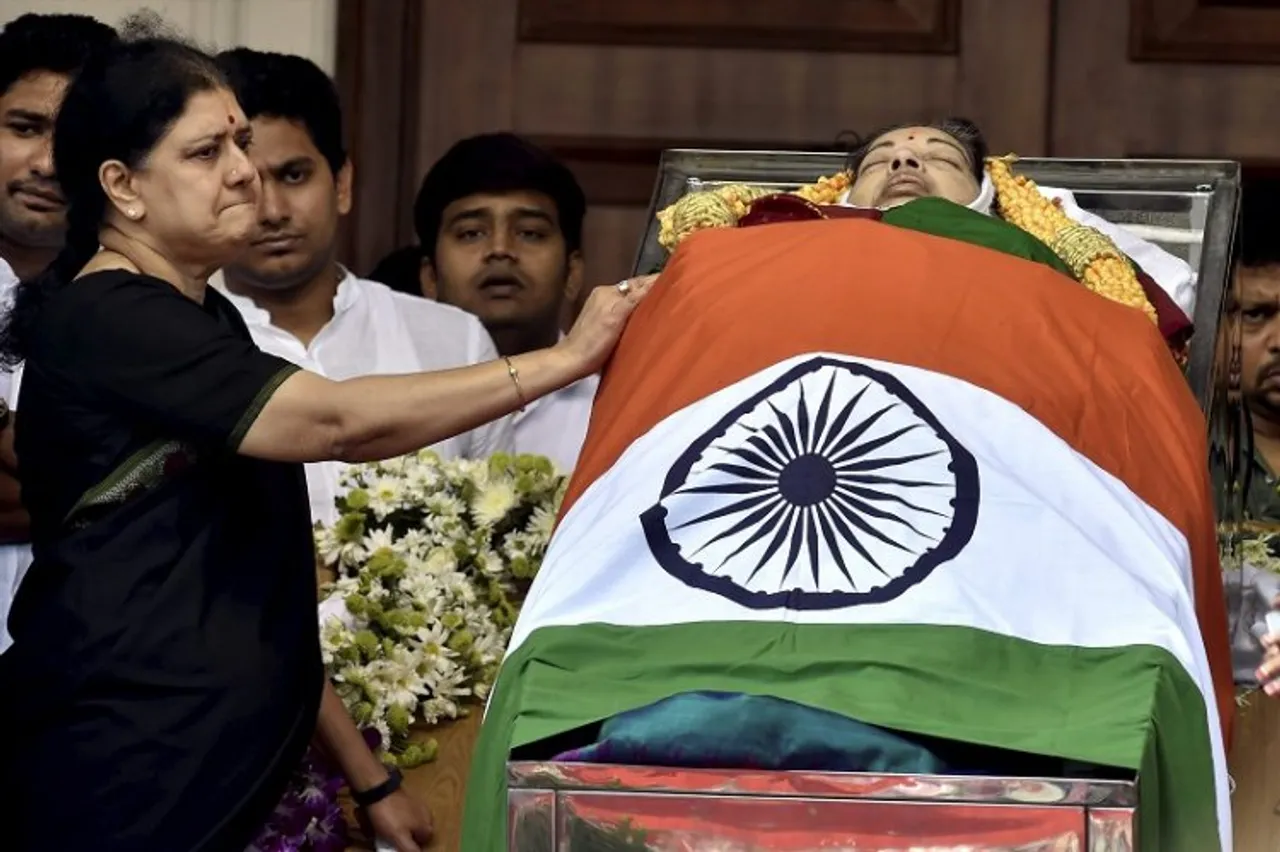 In this file photo dated Dec. 6, 2016, V Sasikala, a close aide of Tamil Nadus former CM Jayaram Jayalalithaa, near her mortal remains, in Chennai