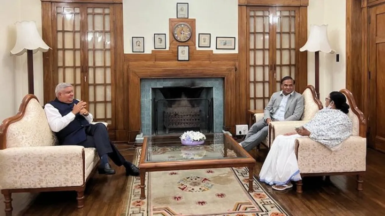 Chief Minister of Assam and West Bengal with NDA's Vice Presidential candidate Jagdeep Dhankhar at the Raj Bhavan in Darjeeling on July 13 (File photo)